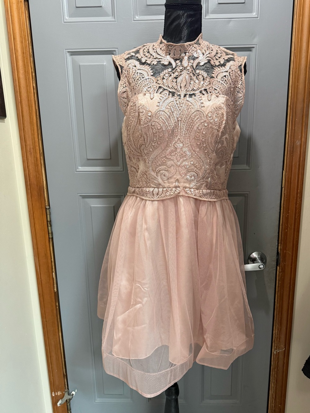 Sequin Hearts Blush Pink Lace Sequin Tulle Homecoming Dress (Juniors 13)